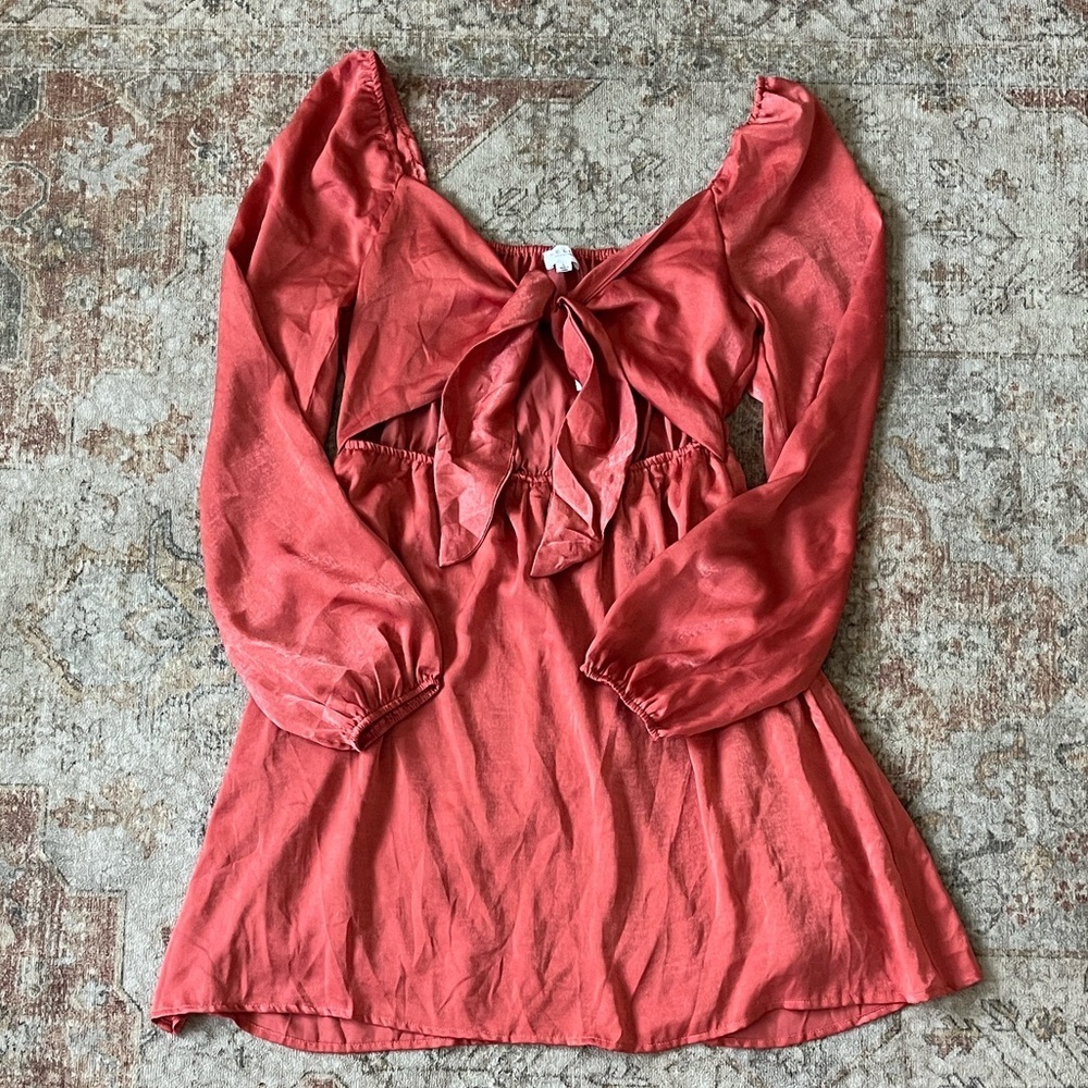 Le Lis Red Open Front with Bow Long Sleeve Dress